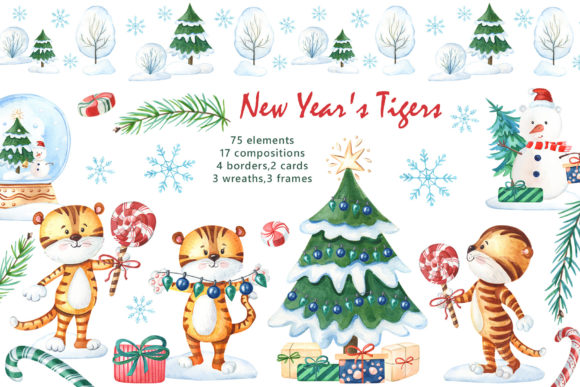 New Year’s Tigers: A Versatile Watercolor Design Set for Creative Professionals